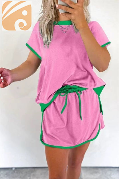 Women’s Colorblock Two-Piece Set Drop Shoulder Top & Drawstring Skirt