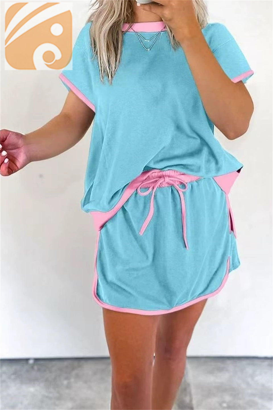 Women’s Colorblock Two-Piece Set Drop Shoulder Top & Drawstring Skirt