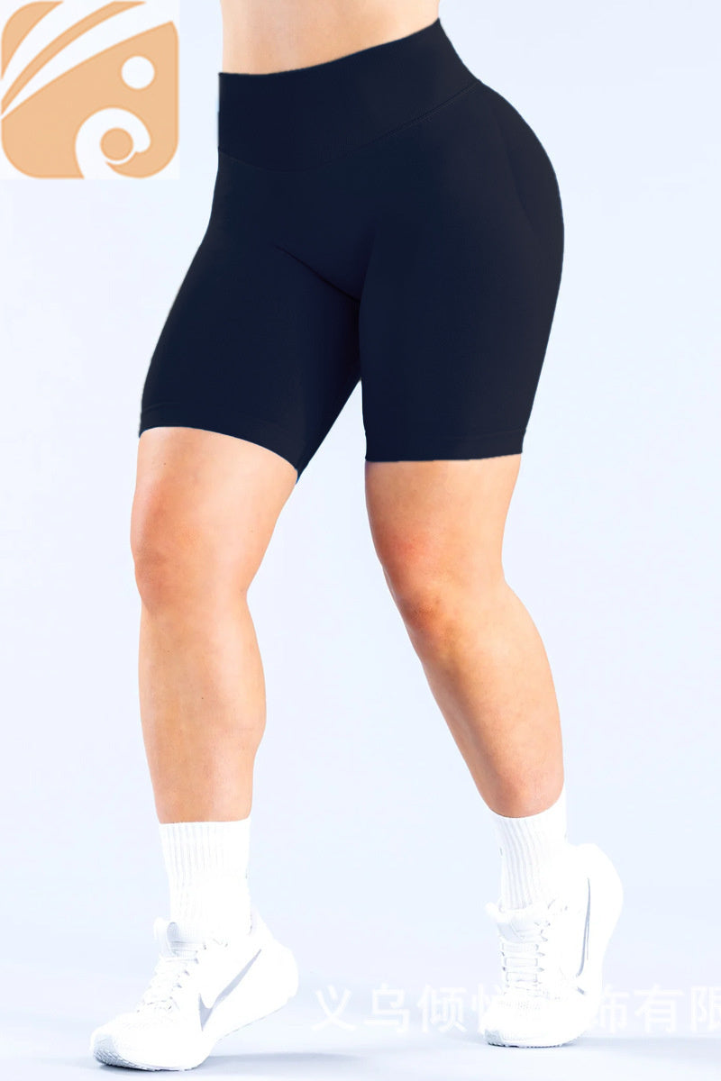 Women's Solid Nylon Quick Dry Nude Wide Ribbed Elastic Waist Five-point Pants Seamless 5-quarter Sports Fitness Yoga Long Shorts