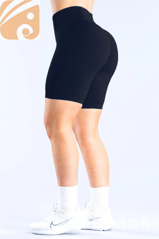 Women's Solid Nylon Quick Dry Nude Wide Ribbed Elastic Waist Five-point Pants Seamless 5-quarter Sports Fitness Yoga Long Shorts