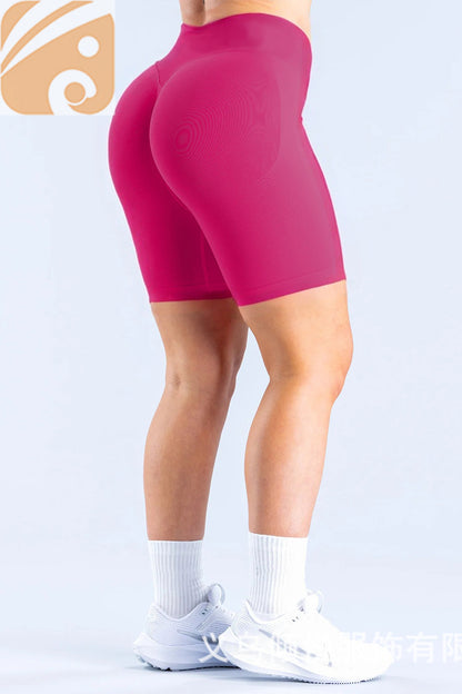 Women's Solid Nylon Quick Dry Nude Wide Ribbed Elastic Waist Five-point Pants Seamless 5-quarter Sports Fitness Yoga Long Shorts
