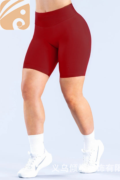 Women's Solid Nylon Quick Dry Nude Wide Ribbed Elastic Waist Five-point Pants Seamless 5-quarter Sports Fitness Yoga Long Shorts