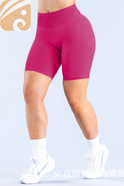 Women's Solid Nylon Quick Dry Nude Wide Ribbed Elastic Waist Five-point Pants Seamless 5-quarter Sports Fitness Yoga Long Shorts